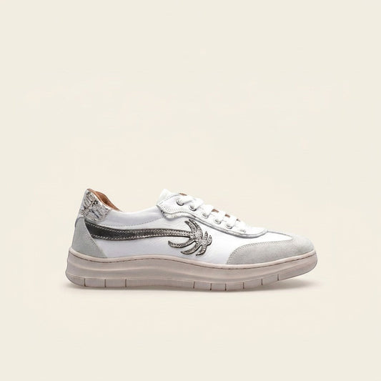 MrCalvano Palm Spring beyaz deri ve süet detaylı, yan tarafında palmiye figürü bulunan şık günlük sneaker modeli