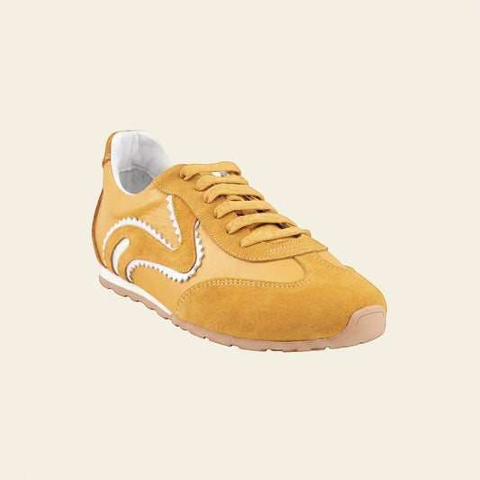 MrCalvano Pure Motion hardal sarısı süet ve deri detaylı, beyaz zikzak desenli modern günlük sneaker modeli