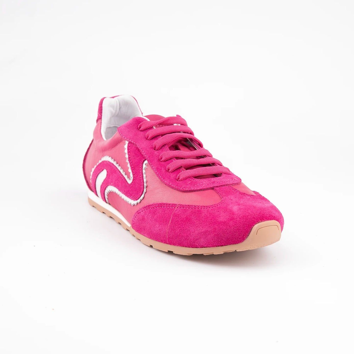 MrCalvano Pure Motion fuşya rengi deri ve süet detaylı, esnek tabanlı modern kadın sneaker modeli