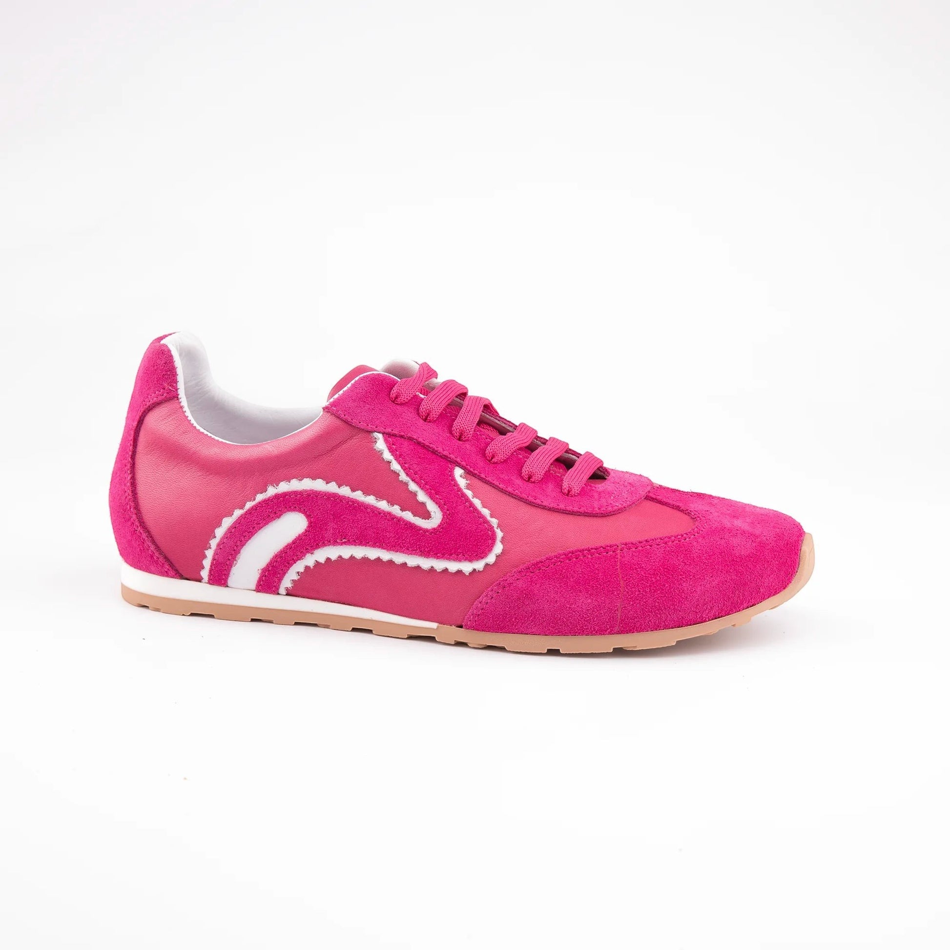 MrCalvano Pure Motion fuşya rengi deri ve süet detaylı, yan kısmında beyaz kıvrımlı şerit bulunan modern sneaker