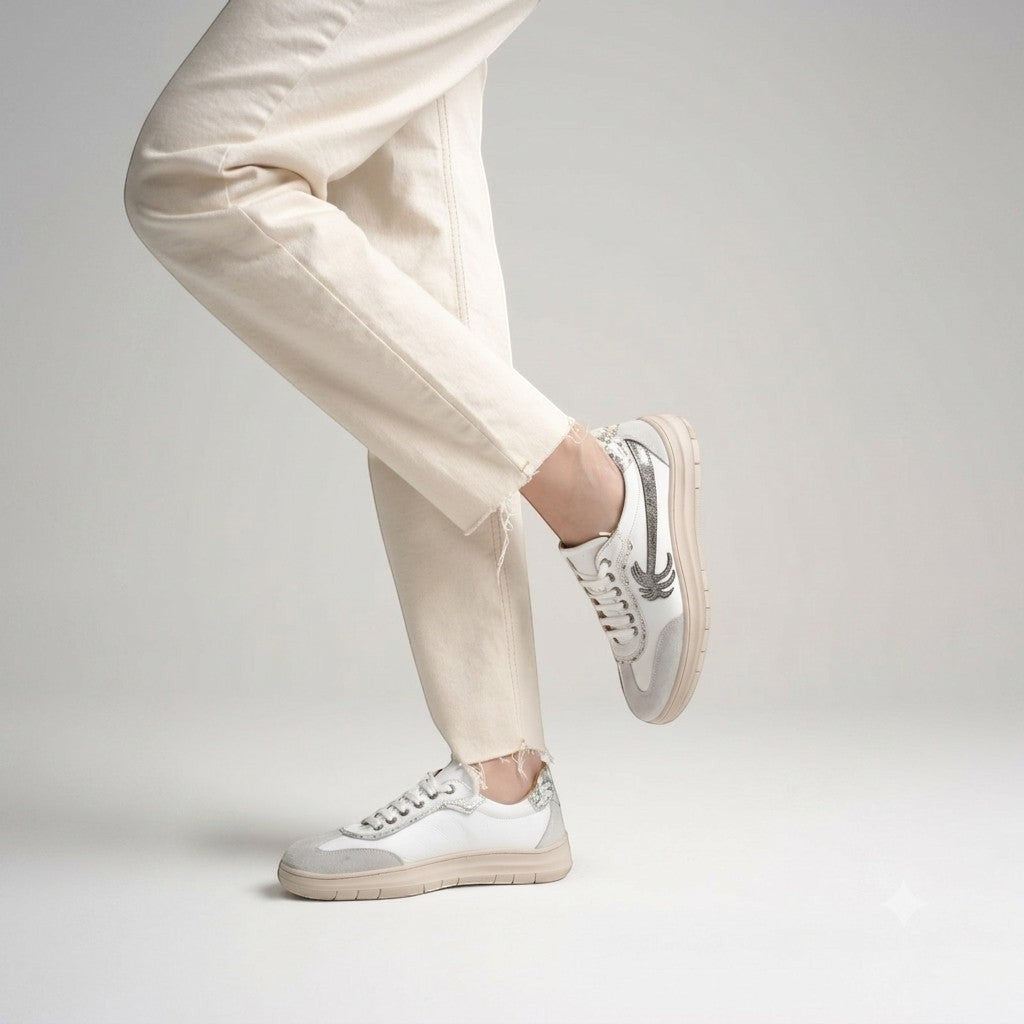 MrCalvano Palm Spring kum beji deri ve süet detaylı, yan tarafında palmiye figürü bulunan modern günlük sneaker