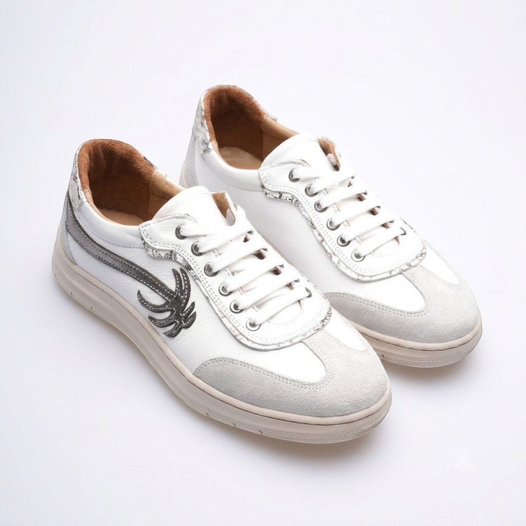 MrCalvano Palm Spring beyaz deri ve süet detaylı, yan kısmında palmiye figürü bulunan şık günlük sneaker modeli