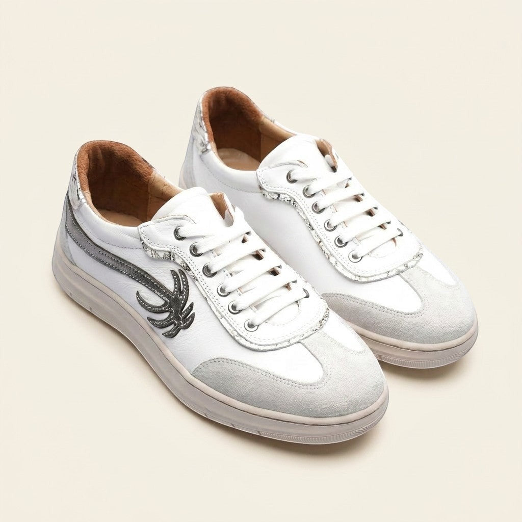 MrCalvano Palm Spring beyaz deri ve süet detaylı, yan tarafında palmiye figürü bulunan modern günlük sneaker ayakkabı