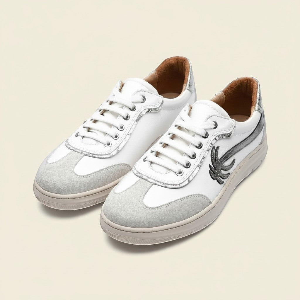 MrCalvano Palm Spring beyaz deri ve süet detaylı, yan kısmında palmiye işlemesi bulunan şık günlük sneaker modeli