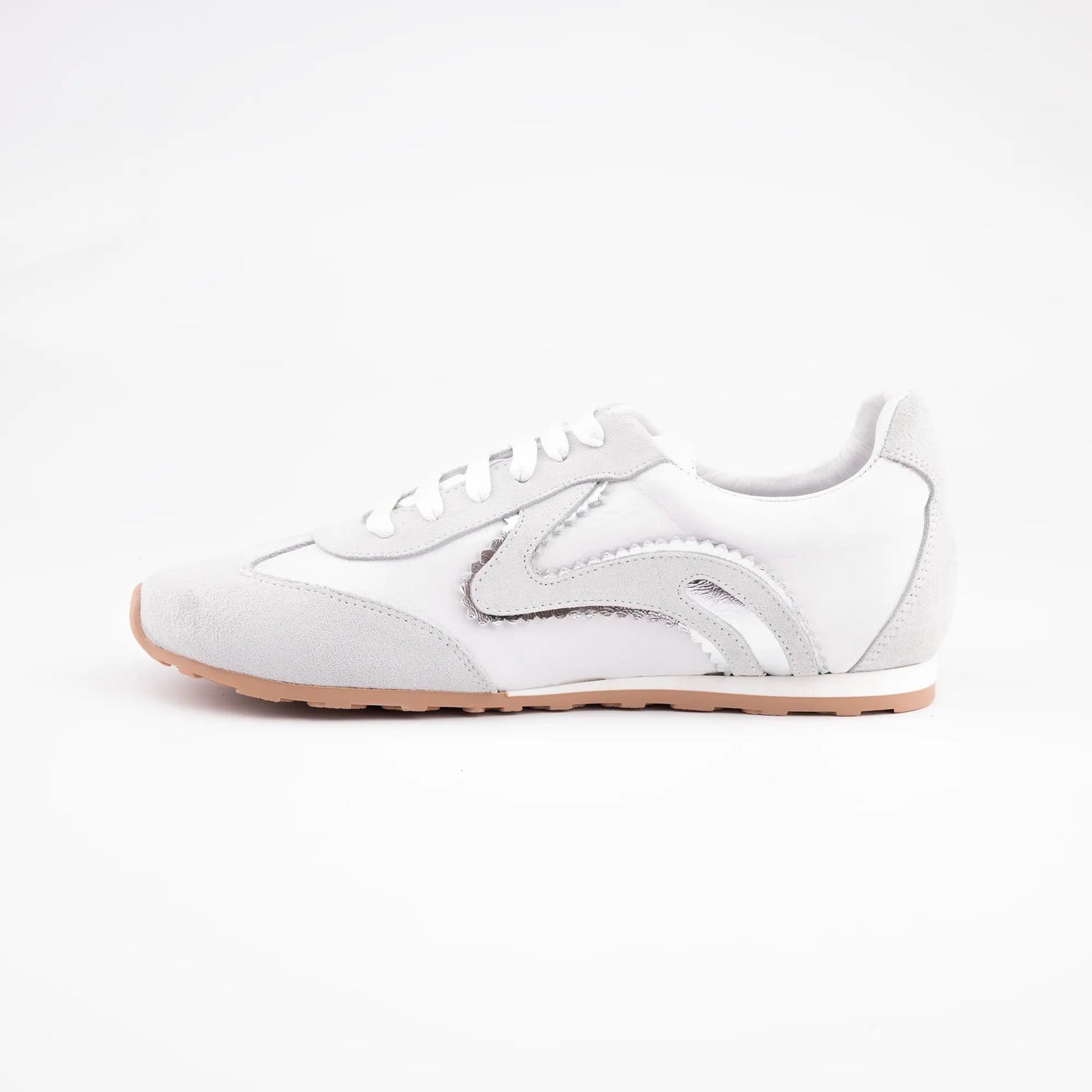 MrCalvano Pure Motion beyaz deri ve süet detaylı, metalik vurgulu, konforlu günlük kadın sneaker modeli