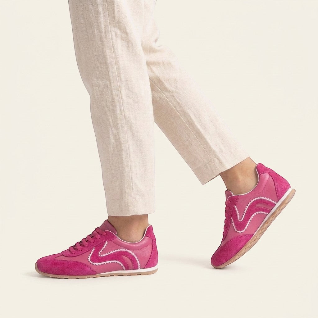 MrCalvano Pure Motion fuşya rengi deri ve süet detaylı, beyaz çizgili modern kadın sneaker modeli