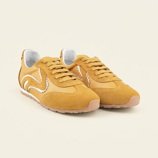 MrCalvano Pure Motion hardal rengi süet ve deri detaylı, beyaz dikişli modern günlük erkek sneaker ayakkabı