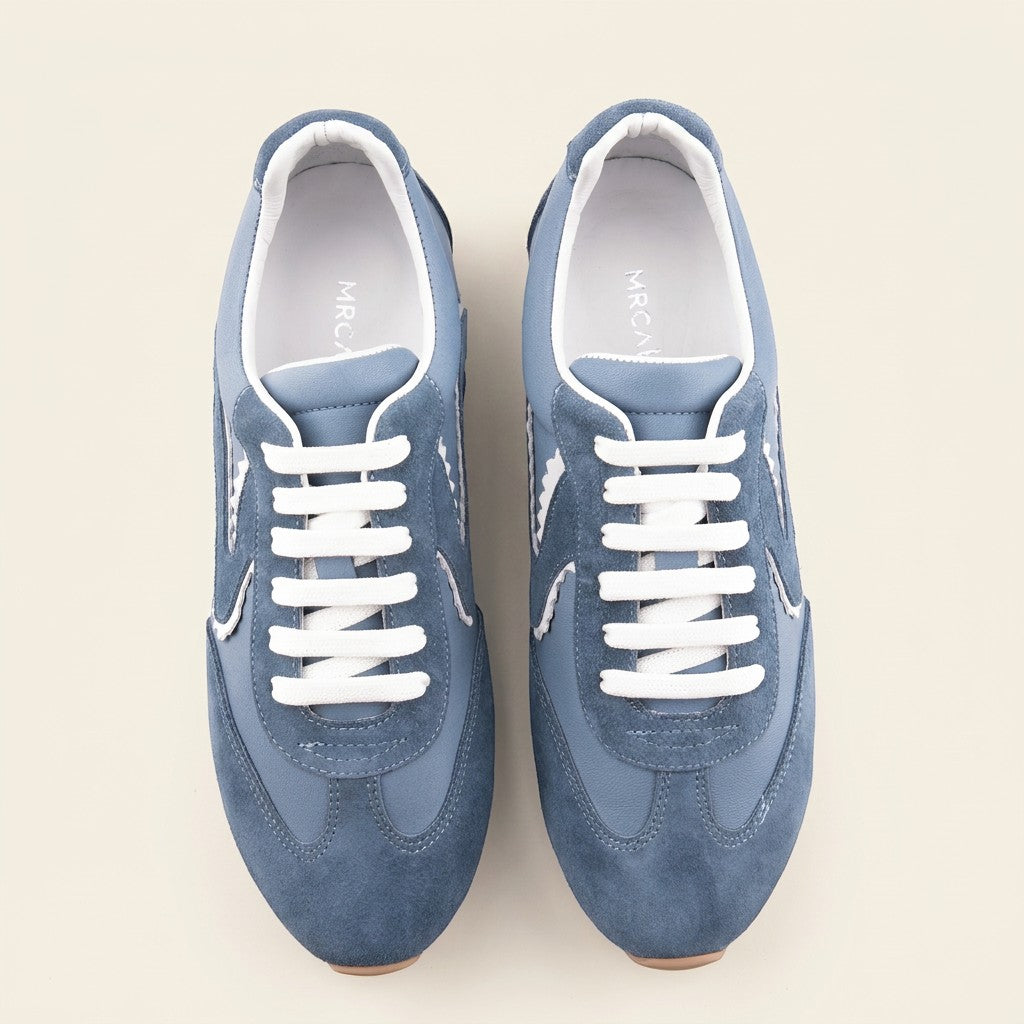 MrCalvano Pure Motion mavi deri ve süet detaylı, beyaz bağcıklı modern erkek sneaker ayakkabı