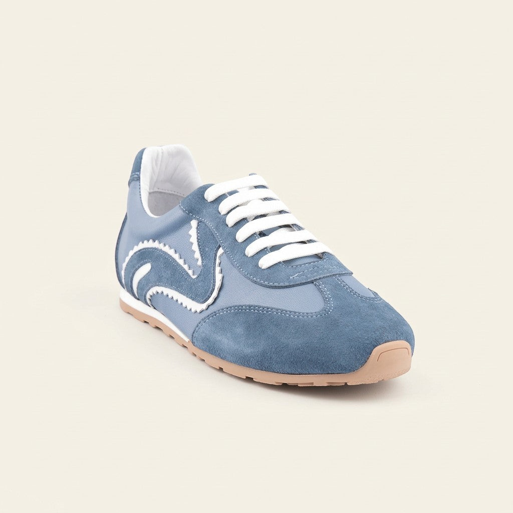 MrCalvano Pure Motion mavi deri ve süet detaylı, beyaz bağcıklı, modern tasarımlı şık günlük sneaker modeli