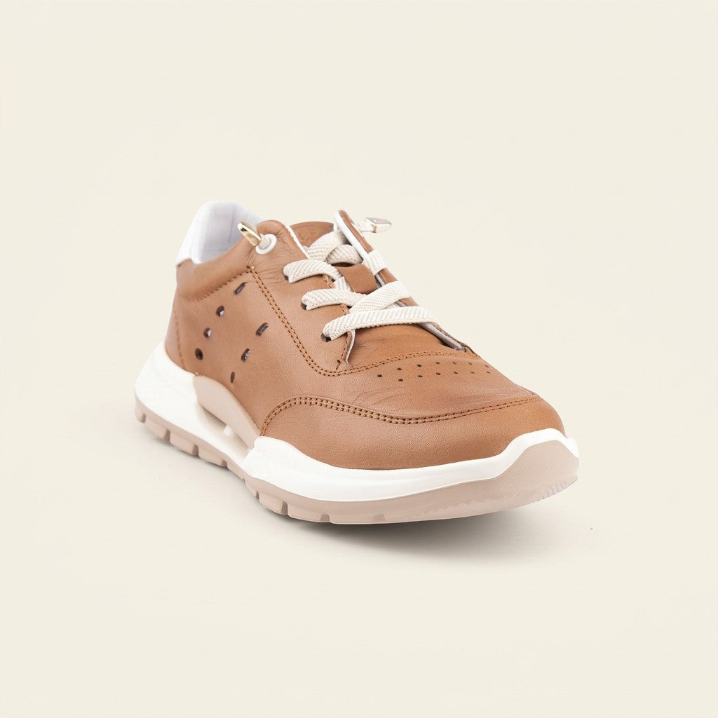 MrCalvano Comfort Walk taba rengi deri sneaker, yan kısımlarında delikli detaylara sahip bağcıklı günlük spor ayakkabı