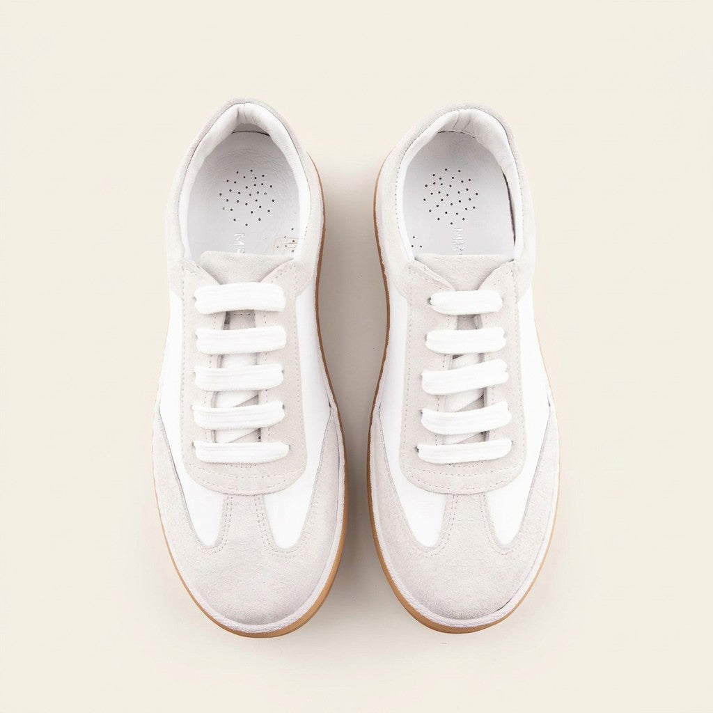 MrCalvano Urban Retro bej ve beyaz renkli, deri ve süet detaylı, bağcıklı günlük erkek sneaker ayakkabı