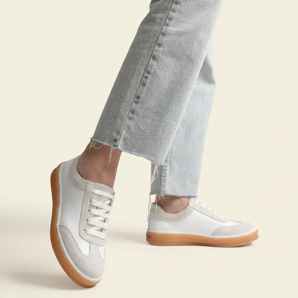 MrCalvano Urban Retro bej ve beyaz deri süet detaylı günlük sneaker ayakkabı