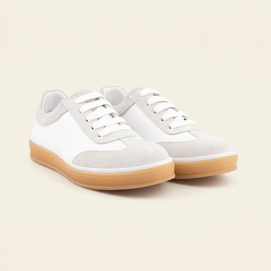 MrCalvano Urban Retro bej ve beyaz tonlarında deri ve süet detaylı, retro tasarımlı günlük sneaker ayakkabı