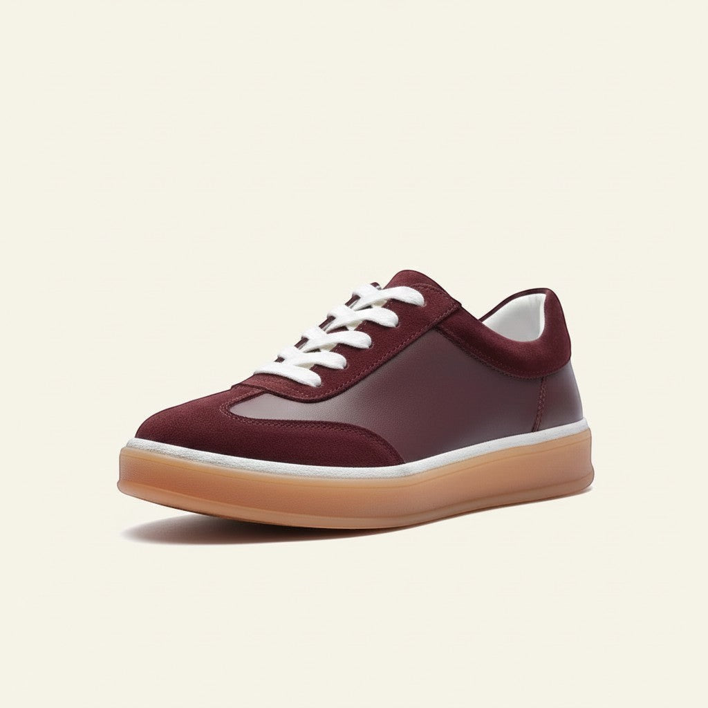 MrCalvano Urban Retro bordo deri ve süet detaylı, beyaz bağcıklı, esnek tabanlı günlük erkek sneaker ayakkabı