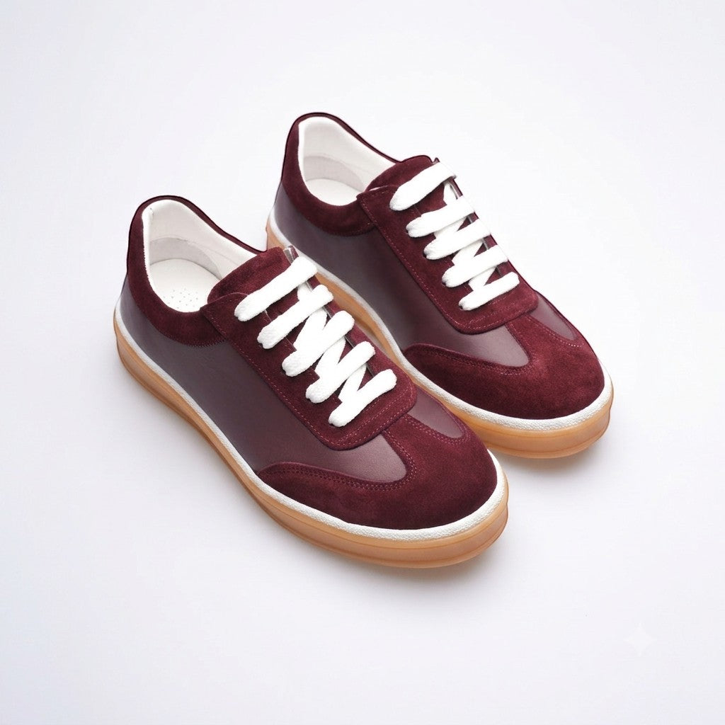 MrCalvano Urban Retro bordo deri ve süet detaylı, beyaz bağcıklı, kauçuk tabanlı şık günlük erkek sneaker ayakkabı