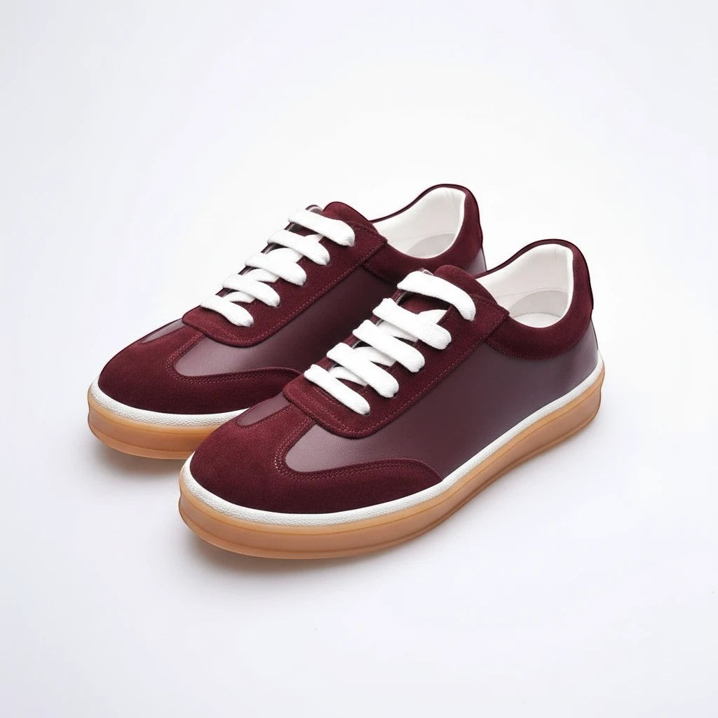 MrCalvano Urban Retro bordo deri ve süet detaylı, beyaz bağcıklı, retro tasarımlı günlük sneaker ayakkabı