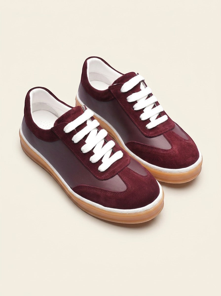 MrCalvano Urban Retro bordo deri ve süet detaylı, beyaz bağcıklı, retro tasarımlı günlük sneaker modeli